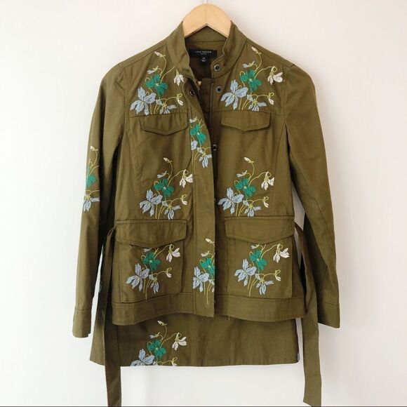 ANN TAYLOR Embroidered Floral Safari Jacket Skirt Blazer Coordinating Set Green - Picture 1 of 7